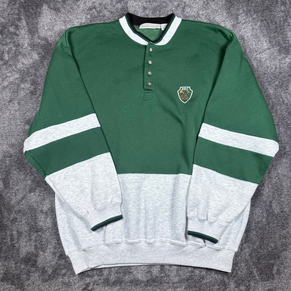 Vintage Bugle Boy Company Henley Sweatshirt Green Gray Colorblock Mens XL BBC